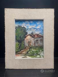 V. Pini - Olio cartone telato Paesaggio Bresciano