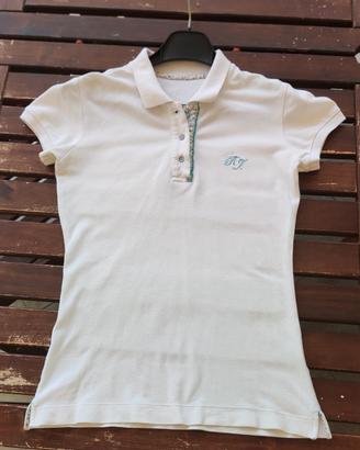 Polo donna bianca con dettagli floreali