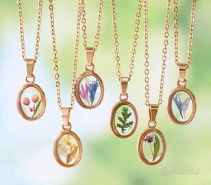 Collana fiori esssiccati veri Acciaio Inossidabile