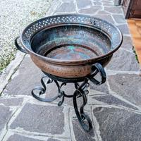 Porta vasi grande rame con treppiede ferro battuto