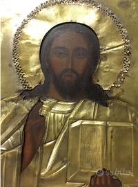 Antica icona dipinta a mano con riza dorata XIX