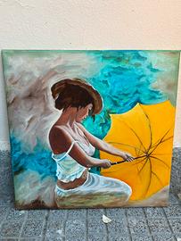 Quadro dipinto a mano 40x40 Donna con ombrello