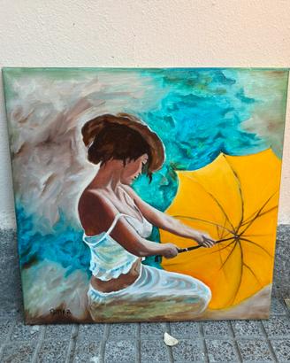 Quadro dipinto a mano 40x40 Donna con ombrello