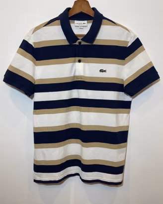 Lacoste, T shirt polo a righe orizzontali blu navy