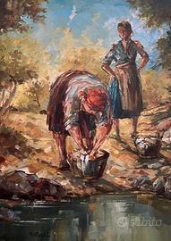 Olio su tela Moraldi - Donne al fiume che lavano