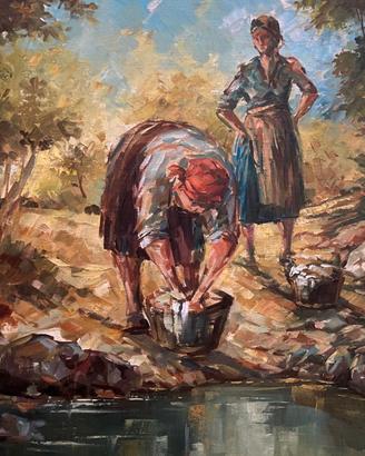 Olio su tela Moraldi - Donne al fiume che lavano