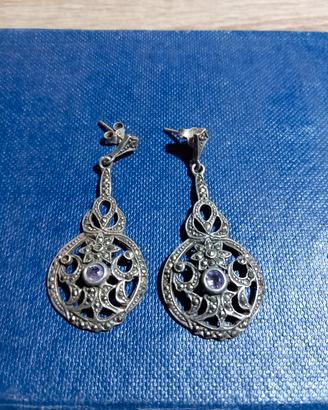 argento Coppia Orecchini Vintage Pietra Viola 