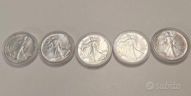 5 Monete argento American silver Eagle 1 oncia 999