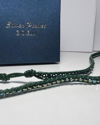 Collana verde in pelle e swarovski Silver Planet