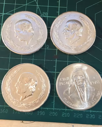 lotto 4 monete argento '720 gr 110,8 5 pesos messi