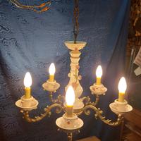 Lampadario Vintage Ottone Porcellana Bianca Rose A