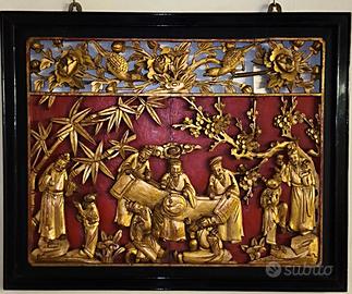 Bassorilievo cinese in legno intagliato 58x47 cm