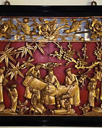 Bassorilievo cinese in legno intagliato 58x47 cm