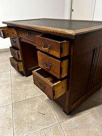 Scrivania legno massiccio con piano in pelle scura