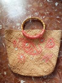 borsa borsetta paglia e rafia  manici Bamboo legno