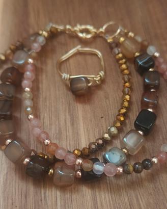bracciale tre fili agata, cristalli marroni 