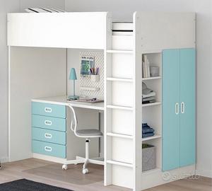 SMÅSTAD Letto a soppalco, bianco blu