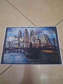 Stampa illustrazione originale "Città di notte"