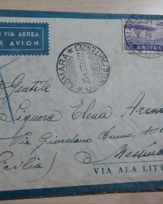 Busta Aerea 1937 su carta ALA LITTORIA - Asmara pe