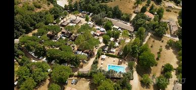 Equipaggio con chalet in legno e veranda prati di