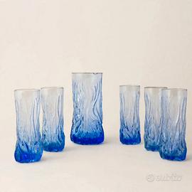  5 bicchieri caraffa blue anni 70 cristallo 
