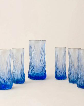  5 bicchieri caraffa blue anni 70 cristallo 

