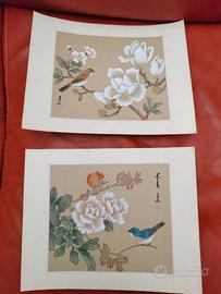 coppia di dipinti su seta con firma e timbro