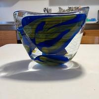 VASO VETRO GIALLO BLU CON SOTTILI RIGHE