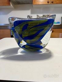 VASO VETRO GIALLO BLU CON SOTTILI RIGHE