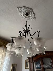 Lampadario a 6 Luci in Vetro Satinato e Bronzo