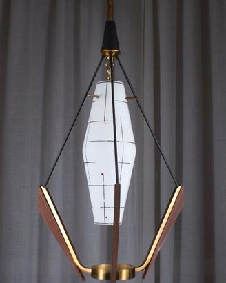 Lampadario italiano anni ’50 ottone, legno, vetro