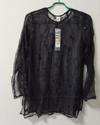 Blusa nera trasparente donna con ricami 