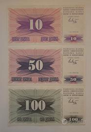 TRIS BANCONOTE 10-50-100 DINARA BOSNIA DEL 1992