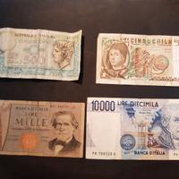 4 banconote usate 500, 1000, 5000 e 10000 lire