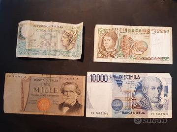 4 banconote usate 500, 1000, 5000 e 10000 lire