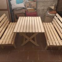 tavolo + 2 panche in legno massiccio bianco