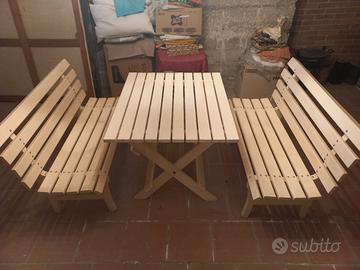 tavolo + 2 panche in legno massiccio bianco