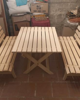 tavolo + 2 panche in legno massiccio bianco