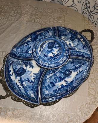 Antica Antipastiera inglese ceramica blu +Vassoio