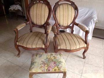 poltrone anni '50 in legno e tessuto + sgabello 