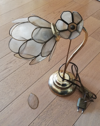 Lampada abat-jour ottone e vetrini foglie Vintage