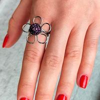 Anello fiore 5 petali con perla viola acciaio inox