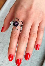 Anello fiore 5 petali con perla viola acciaio inox