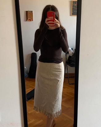 Gonna vintage Benetton in lana beige con frange