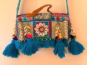 Borsa a tracolla boho etnica turchese con conchigl