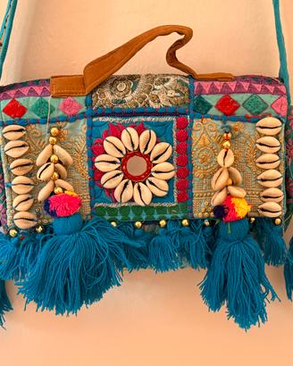 Borsa a tracolla boho etnica turchese con conchigl