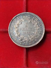 Francia 5 Franchi Argento 1875 A zecca di Parigi.