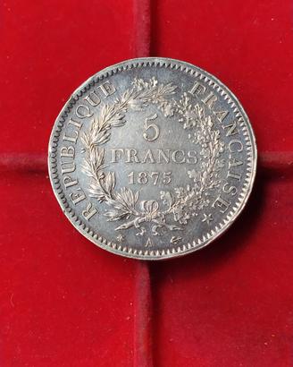 Francia 5 Franchi Argento 1875 A zecca di Parigi.