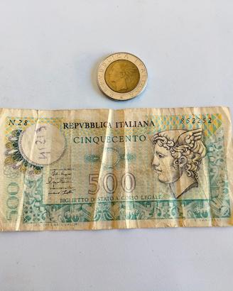 500 lire di carta e bimetallica