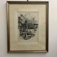 Stampa vintage firmata – casa di campagna con paes